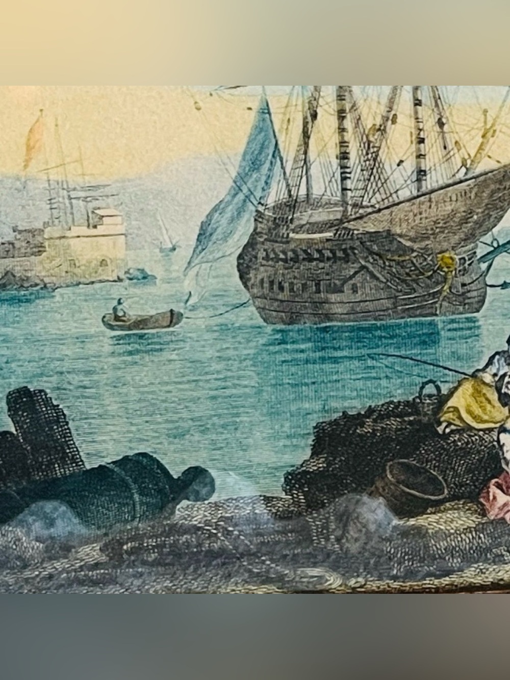 Antique French Le Delassement du Pecheur colored etching - Picture 11 of 11